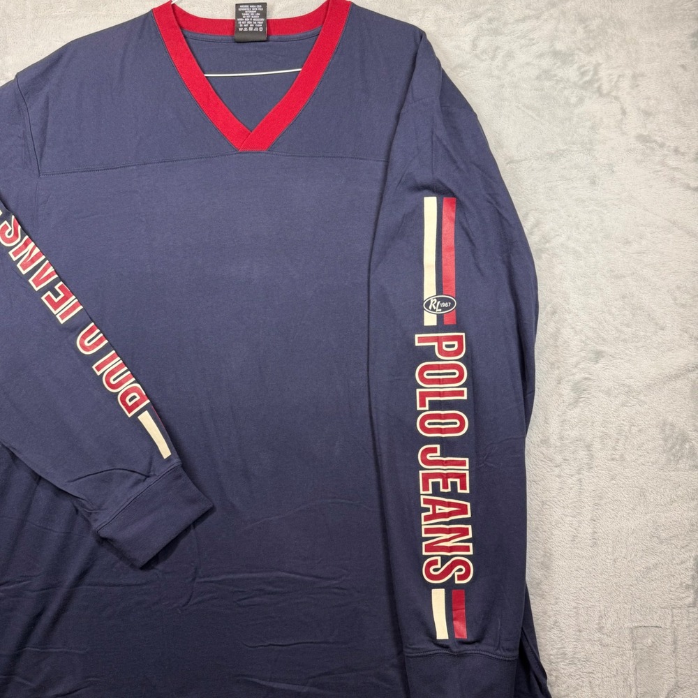 VTG Polo Jeans Co Ralph Lauren Mens 3XT Navy V-Neck Long Sleeve Graphic T-Shirt - Picture 4 of 7